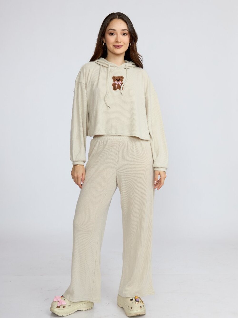 Women’s 2-Piece Teddy Bear Hoodie & Wide Leg Pants Lounge Set